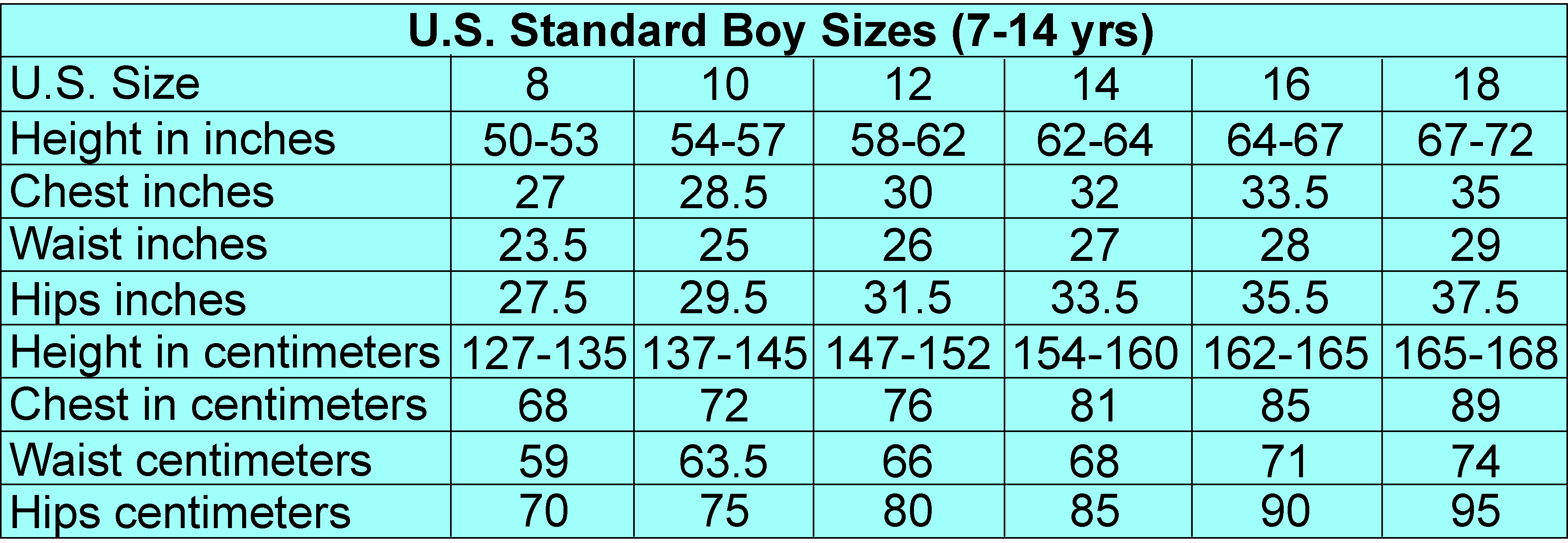 Boys U.S standard size chart